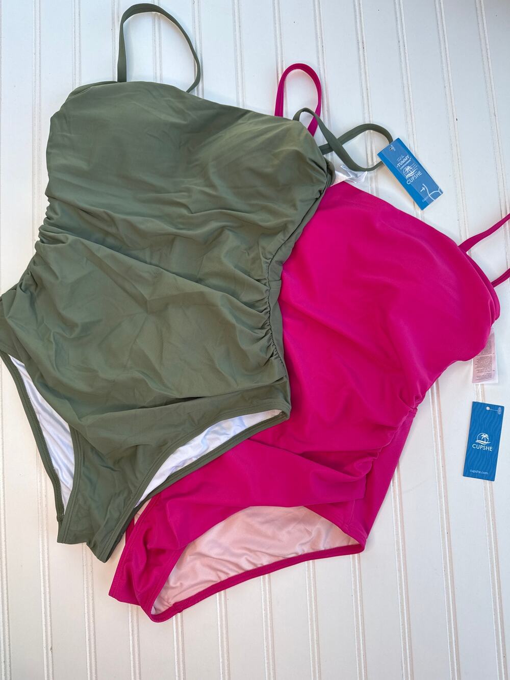 NWT Cupshe Lot of 2 One Piece Swimsuit Green Pink Square Neck Swim Bundle Sz M